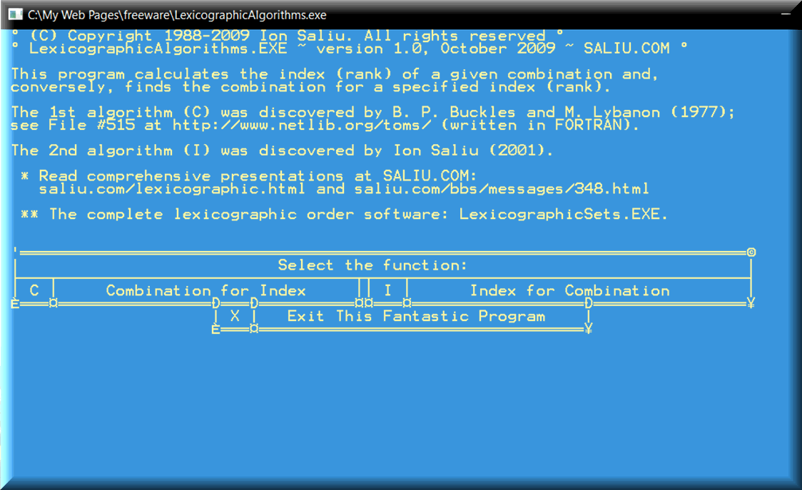 Two algorithms in software to calculate the combination lexicographical order, or rank, or index.