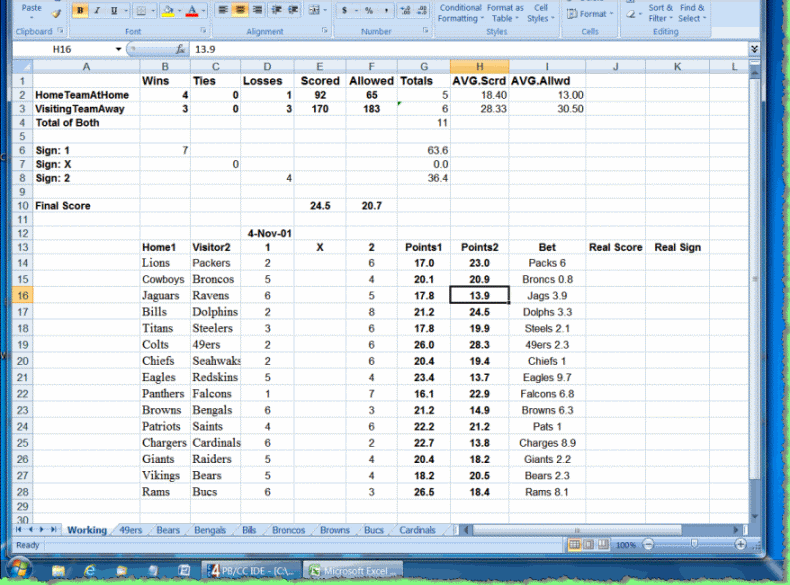 An Excel sports betting spreadsheet to help with picks in NFL football or European soccer.