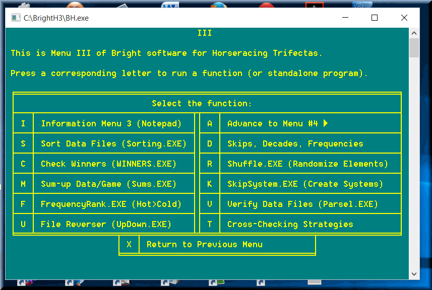 Horseracing software #3 represents generators of triactors from groups or pools of horse numbers at horse tracks.