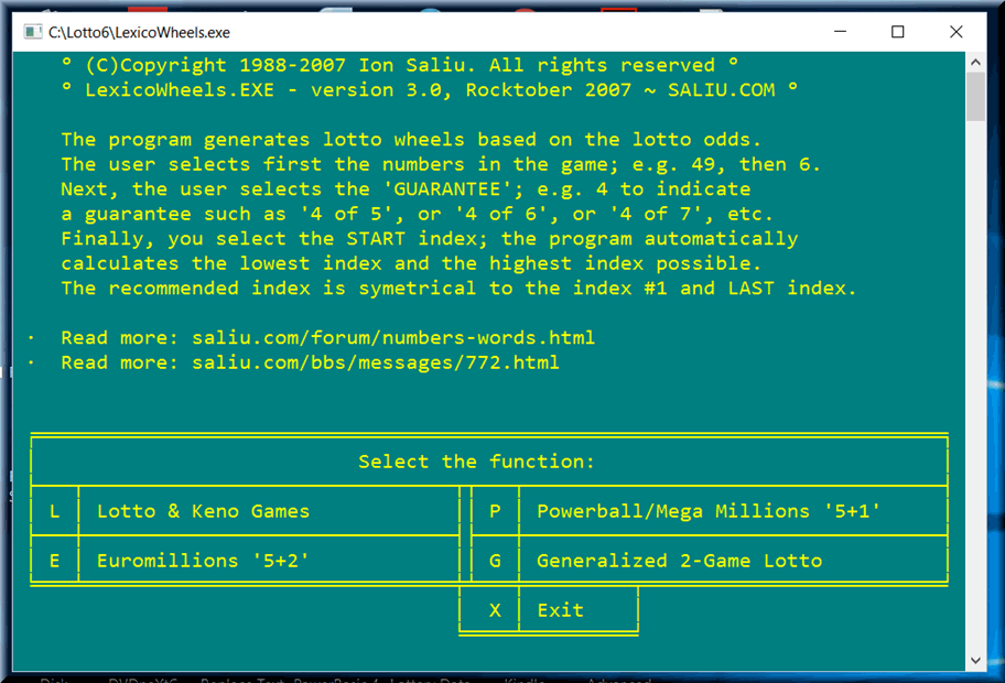 The lotto software creates lottery wheels based on lexicographical order. The lotto wheels consist of balanced lexicographic indexes or ranks.