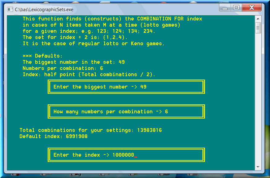 The second lexicographic algorithm finds the combination for a given order, index.