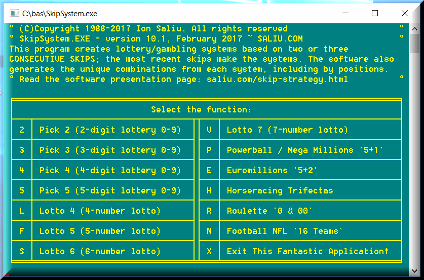 Lottery software generates combinations from systems, strategies based on skips of numbers.