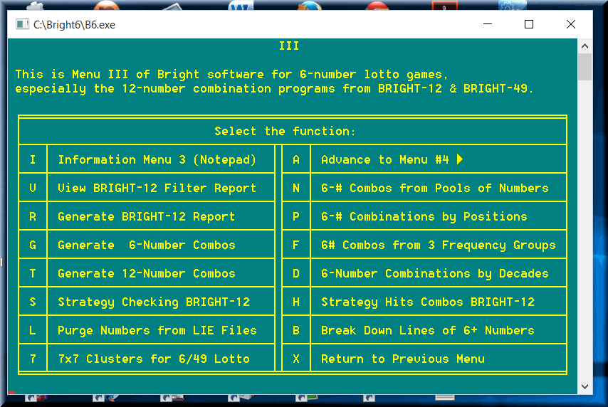 Menu 3 represents generators of lotto 6 combinations from groups or pools of numbers.