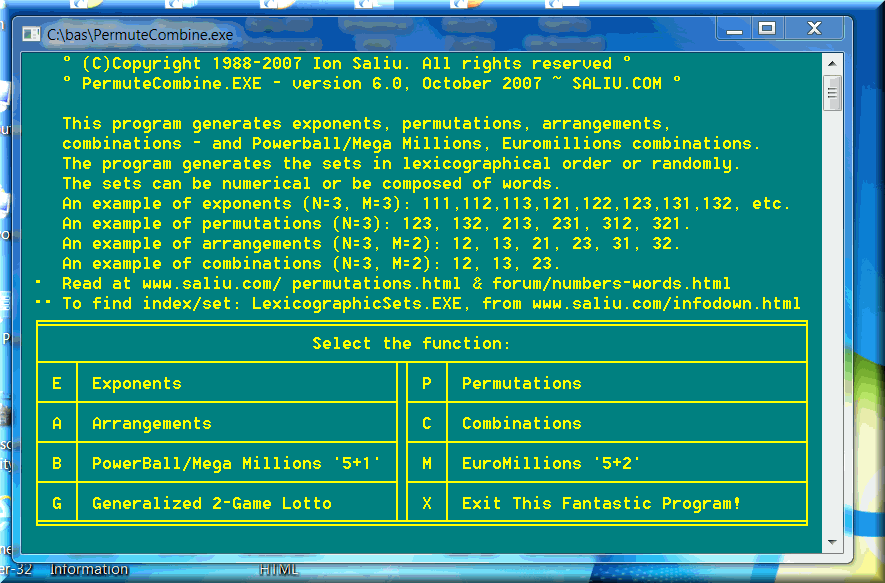 Combinatorics software to generate permutations, combinations, arrangements, exponents, factorials for numbers or words in lexicographic order.