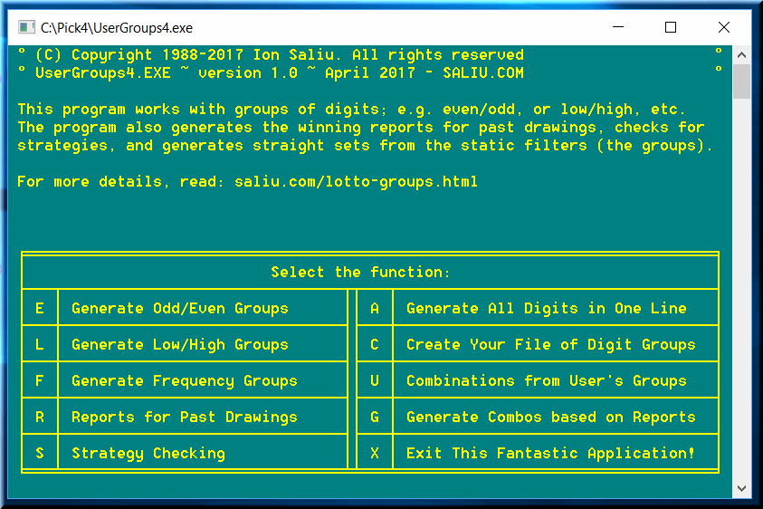 Pick lottery software divides the 0 to 9 digits in odd, even, low, high, sums, frequency groups.