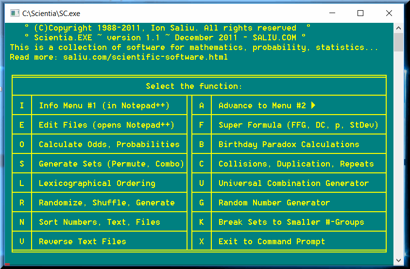 Science Software: Statistics, Probability, Odds, Combinatorial Mathematics, Algorithms.