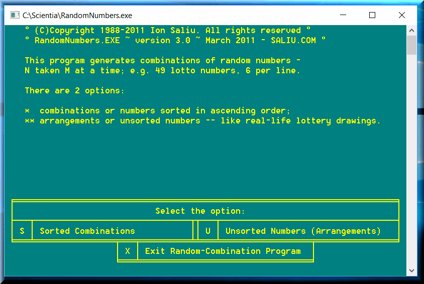 The compiled program of Basic random number generator for any lotto game format.