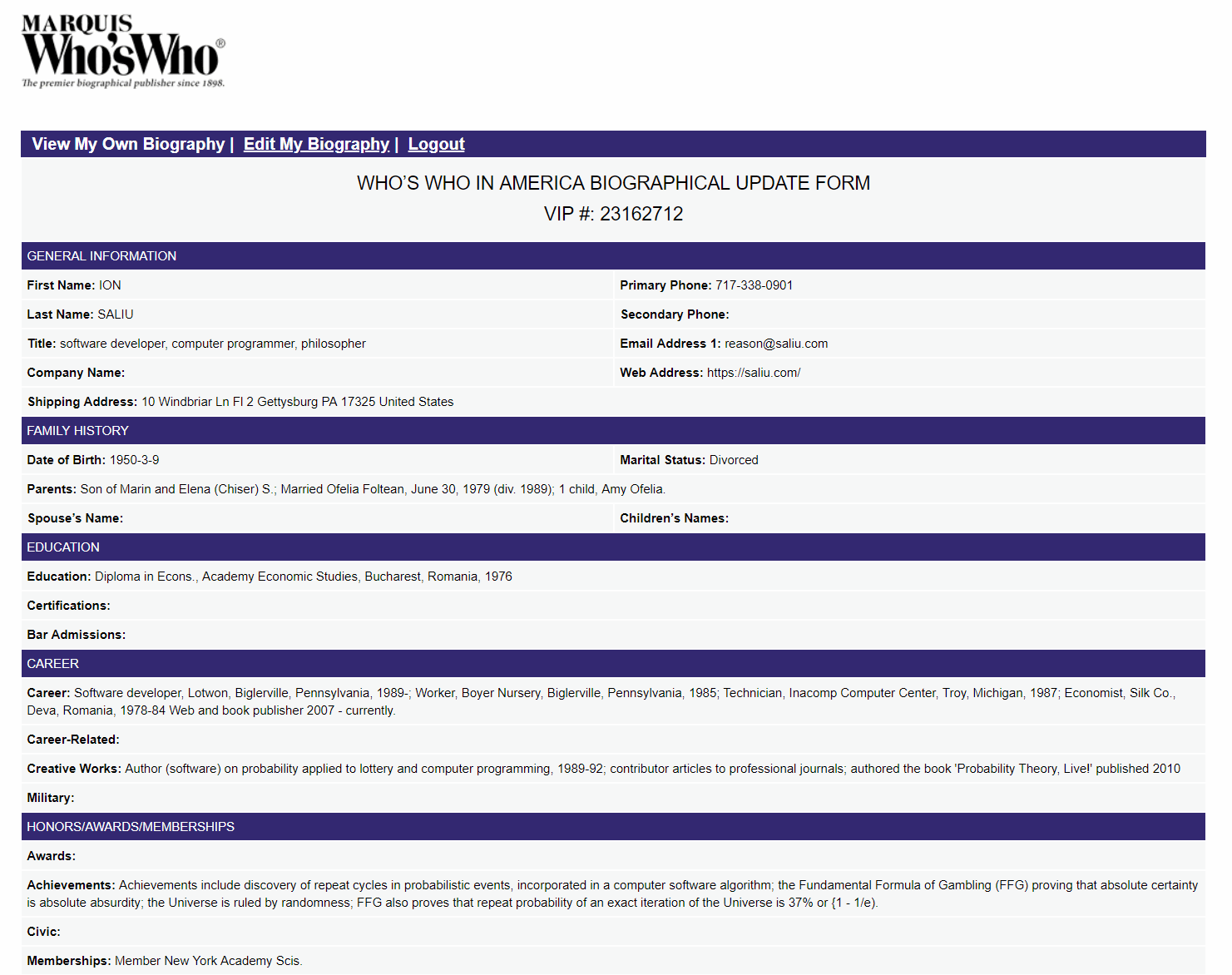 Ion Saliu's profile in Marquis Who's in America 2018.