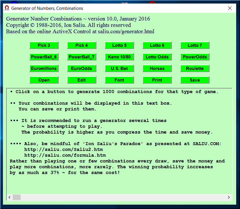 Windows numbers, combinations generator for lotto, lottery, horse racing, roulette, sports betting.