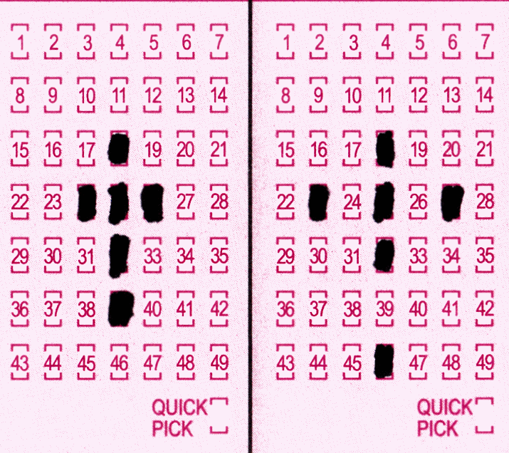 Plotting the geometrical pattern of the cross, divine good luck, on lotto play slips, grids.